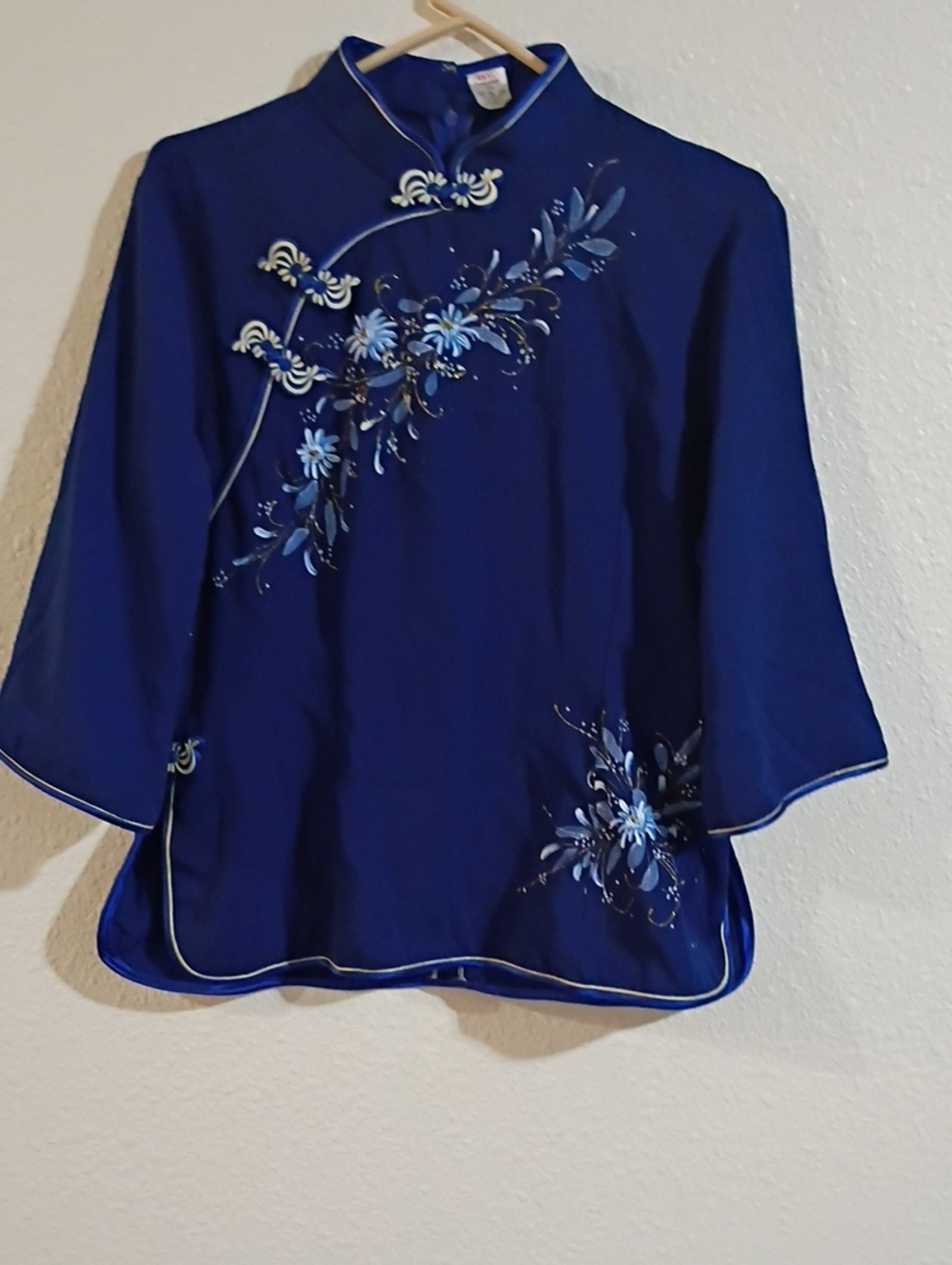 Embroidered Mandarin Collar Top - Blue